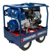 A Makinex 23kW 240 volt generator with an inline engine, blue metal frame, and dual wheels, shown on a white background.