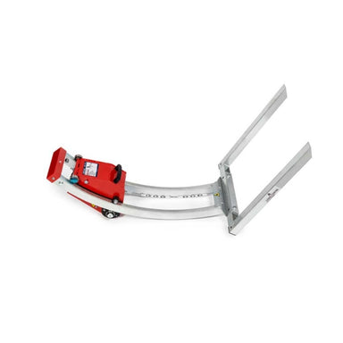 Metal makinex fork lift attachment with red component on a white background