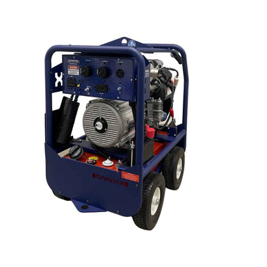 A Makinex 16 Kw 240v Generator in a blue metal frame with wheels, featuring a silver engine, black hoses, and a control panel on a white background.