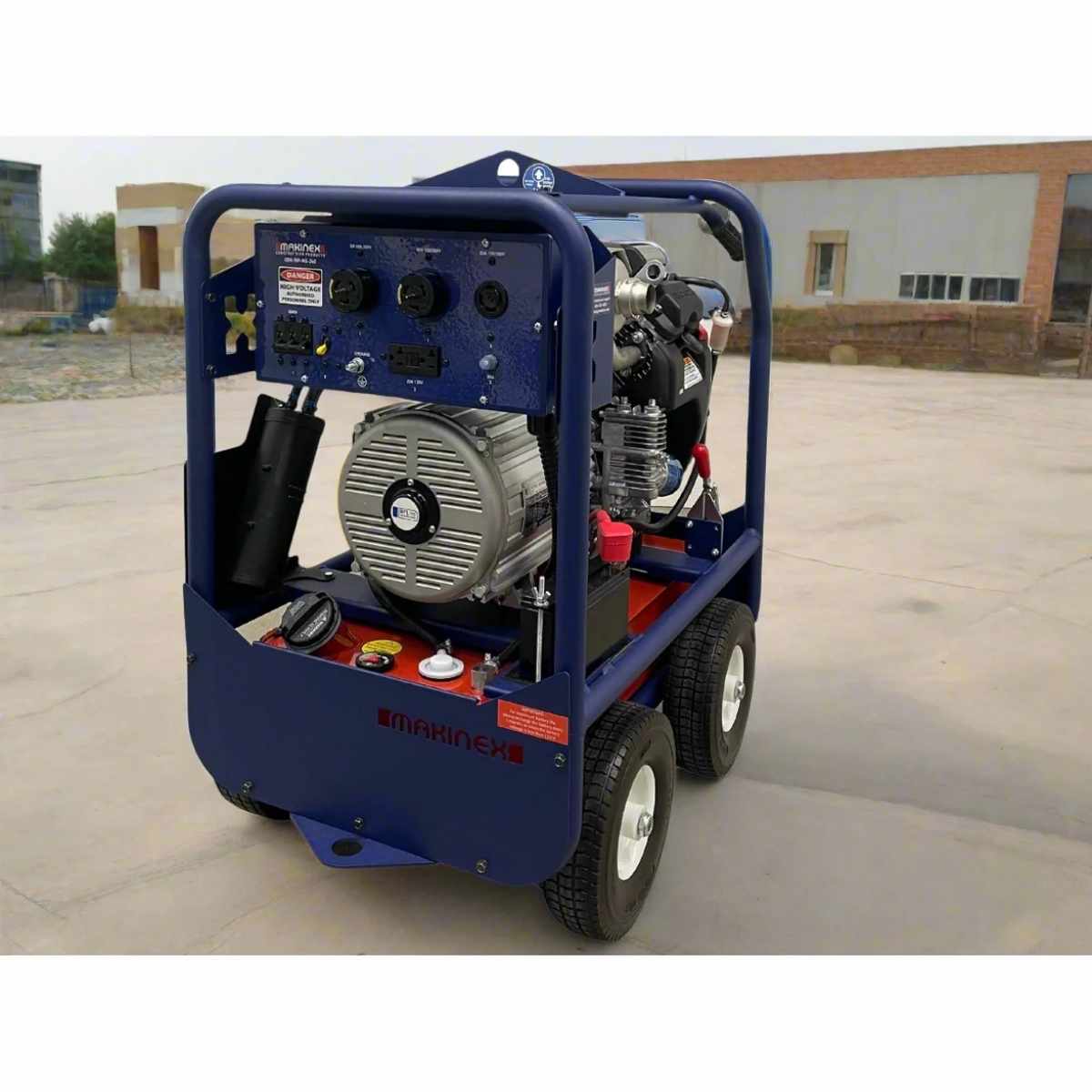 Blue makinex gen 16p ms 480 on a concrete surface with a building in the background