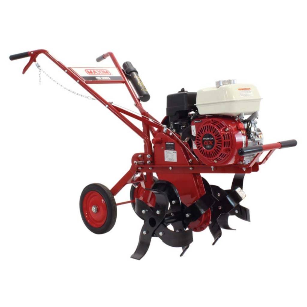 Red maxim 26 inch commercial tiller with engine on a white background