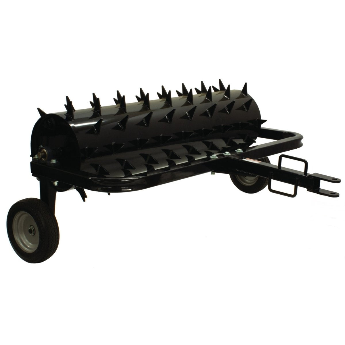 Black Maxim tow behind 36 inch spike aerator on a white background