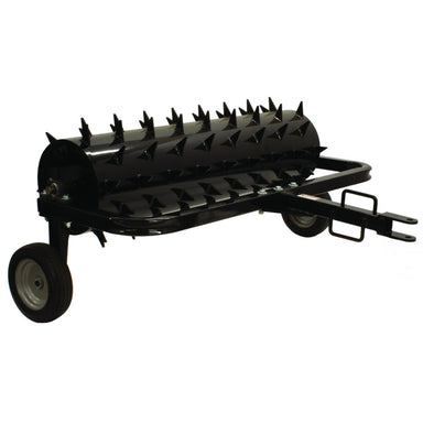 Black Maxim tow behind 36 inch spike aerator on a white background