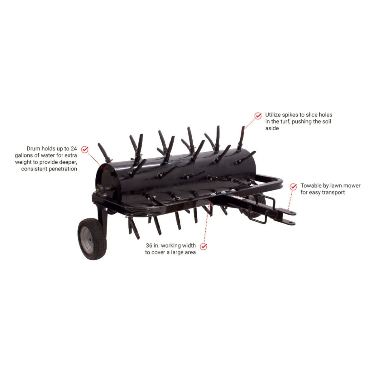 Black maxim 36 inch tow behind aerator with features highlighted on a white background