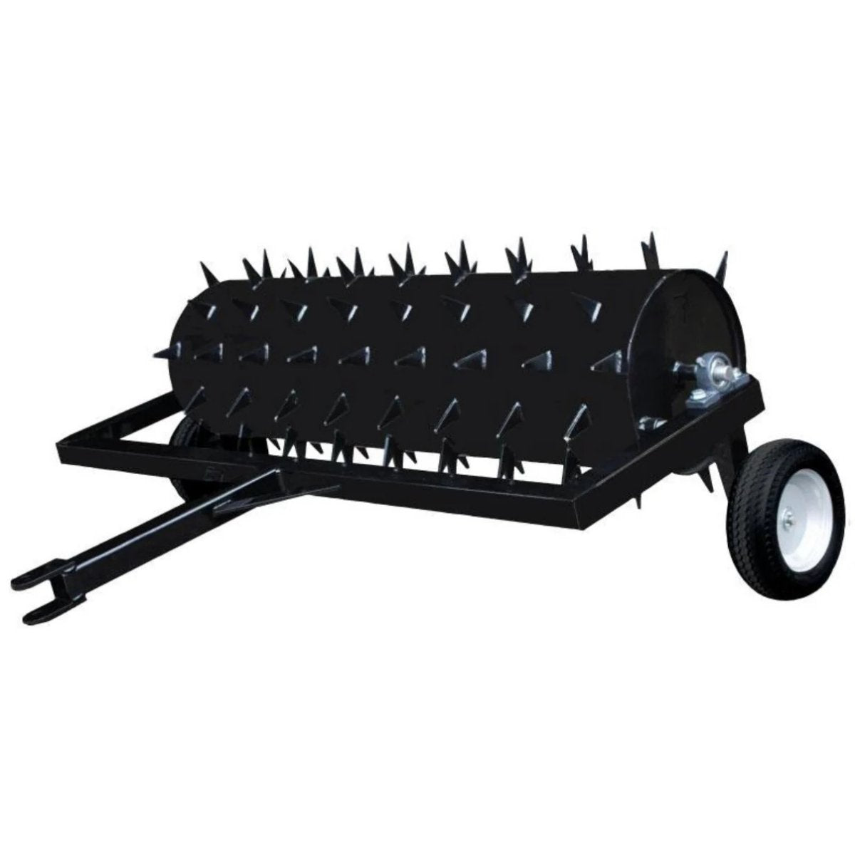 Black Maxim 48 tow behind spike aerator with spikes on a white background