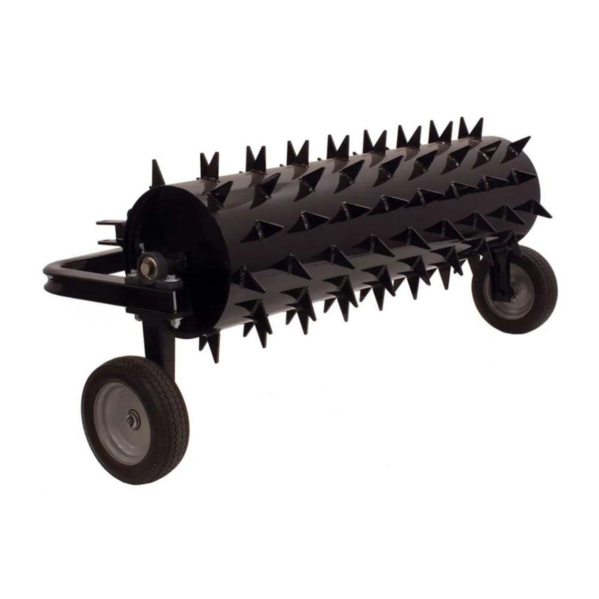 Black Maxim 48 tow behind spike lawn aerator with wheels against a white background