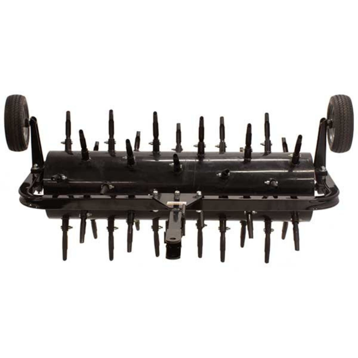 Black maxim 48 inch tow behind aerator on a white background