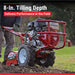 Red maxim rear tine tiller being used in a field with text about tilling depth.