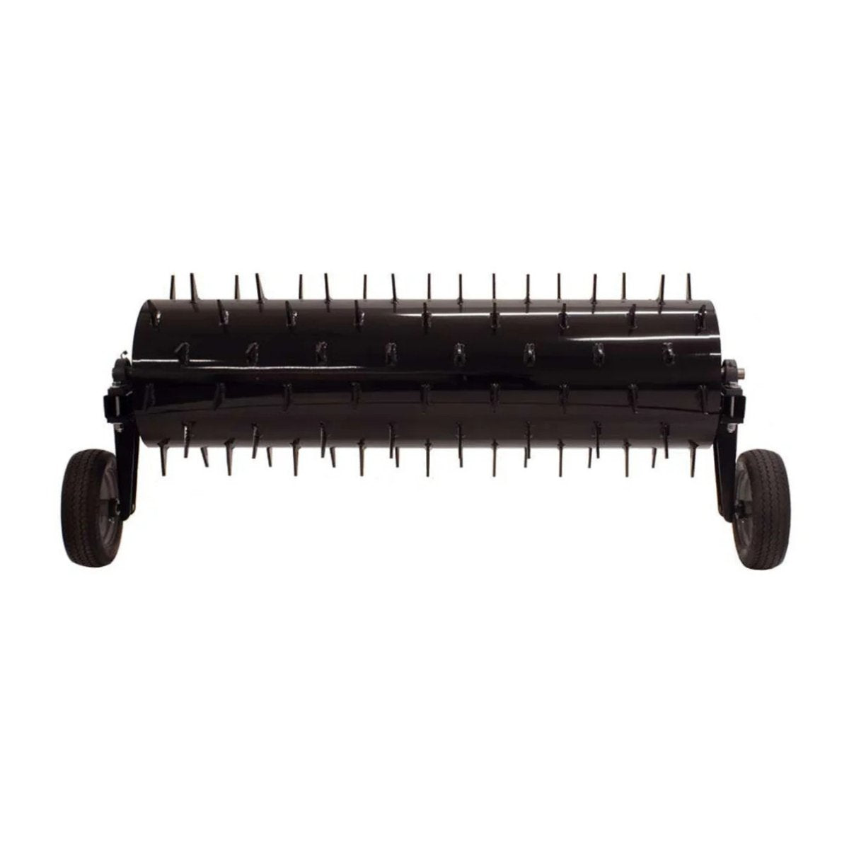 Black Maxim 48 inch tow behind spike aerator on a white background