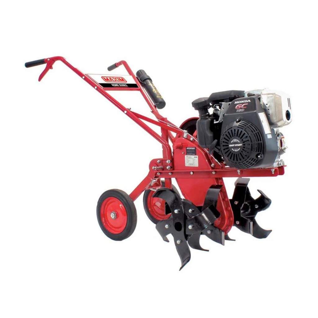 Red Maxim Till n plow with an engine on a white background