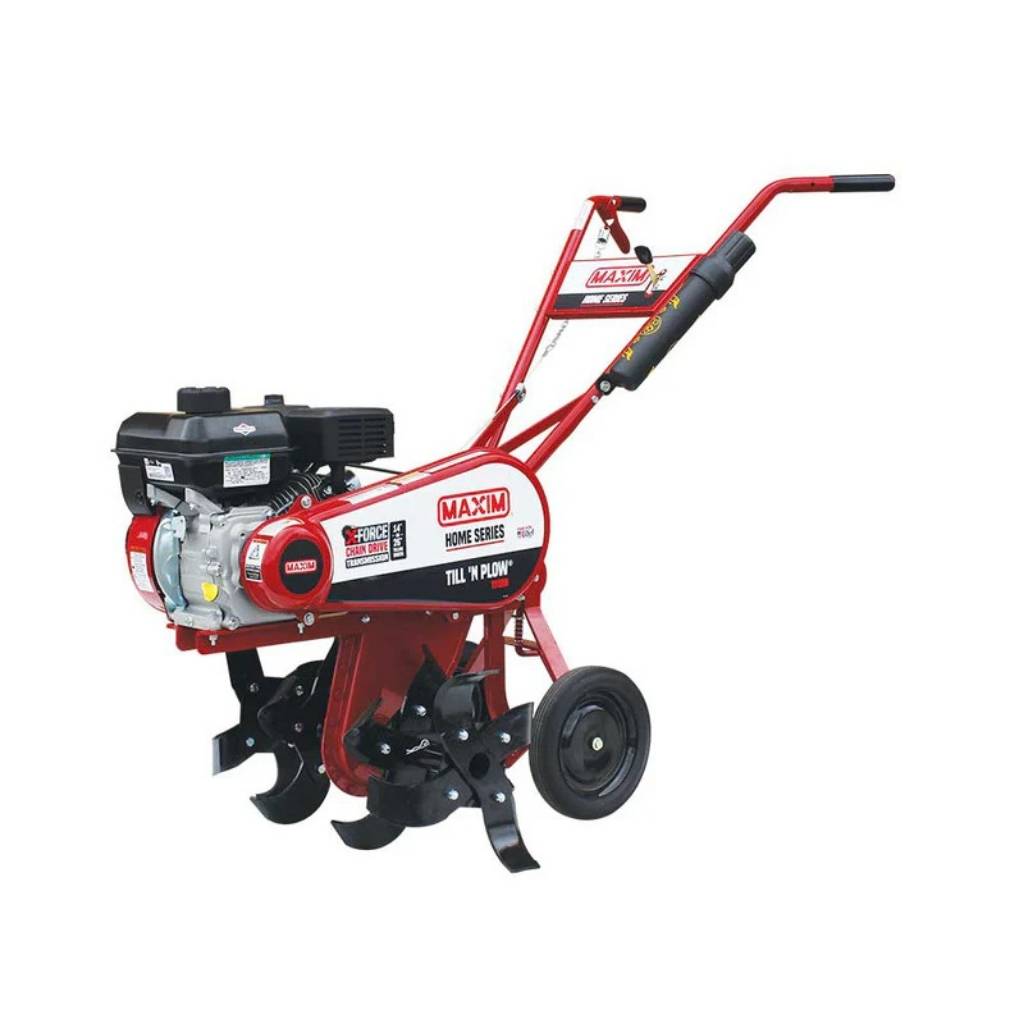 Red and white Maxim Till And Plow with engine on a white background