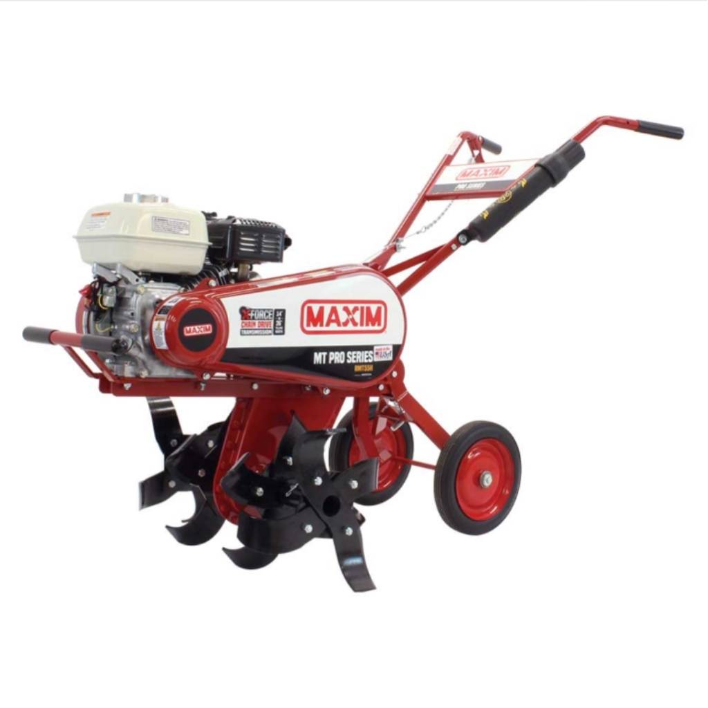 Red Maxim 26 inch tiller on a white background