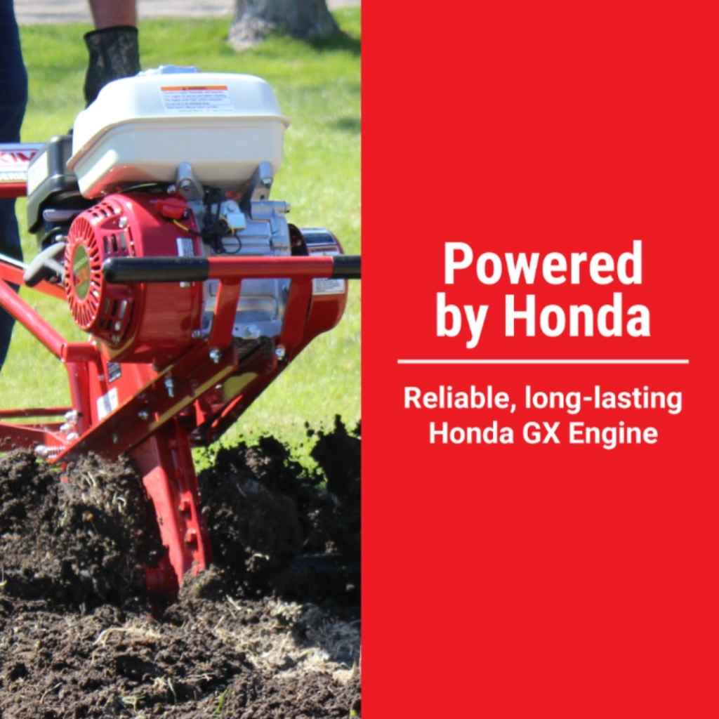 Maxim Tiller RMT55H being used on soil with 'Powered by Honda' text on a red background