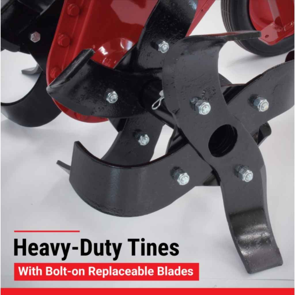 maxim 26in commercial tiller with Heavy-duty tines and bolt-on replaceable blades on a white background