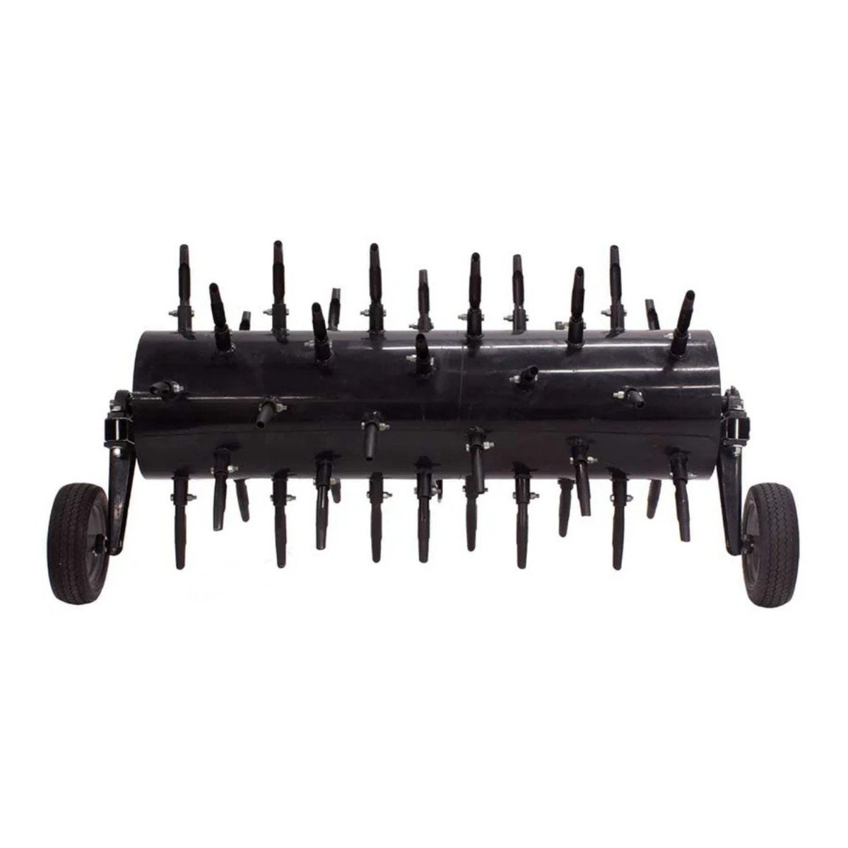 Black Maxim 36 inch plug aerator with wheels with spikes on a white background