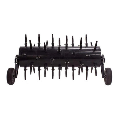 Black Maxim 36 inch plug aerator with wheels with spikes on a white background