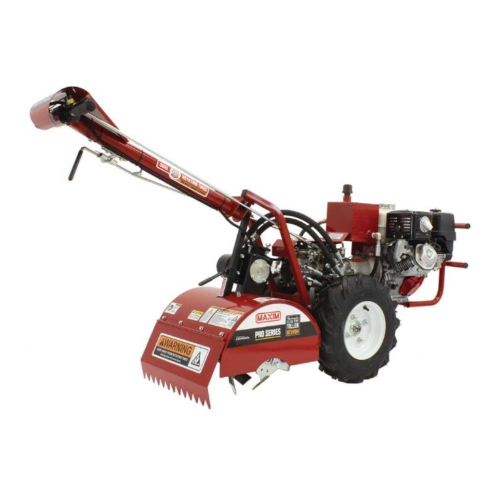 Red Maxim Rt190h tiller on a white background