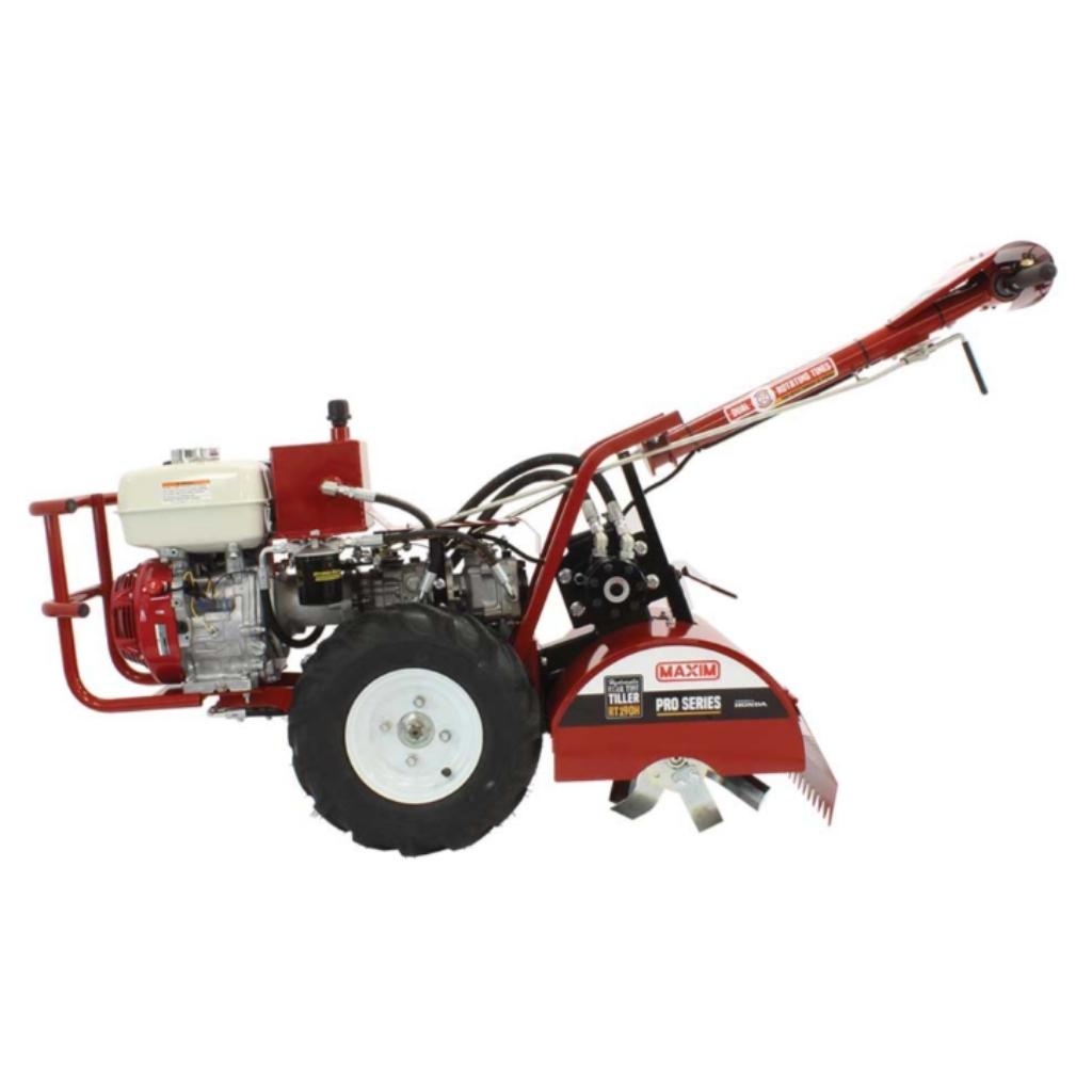 Red and white maxim rt190h tiller machine on a white background