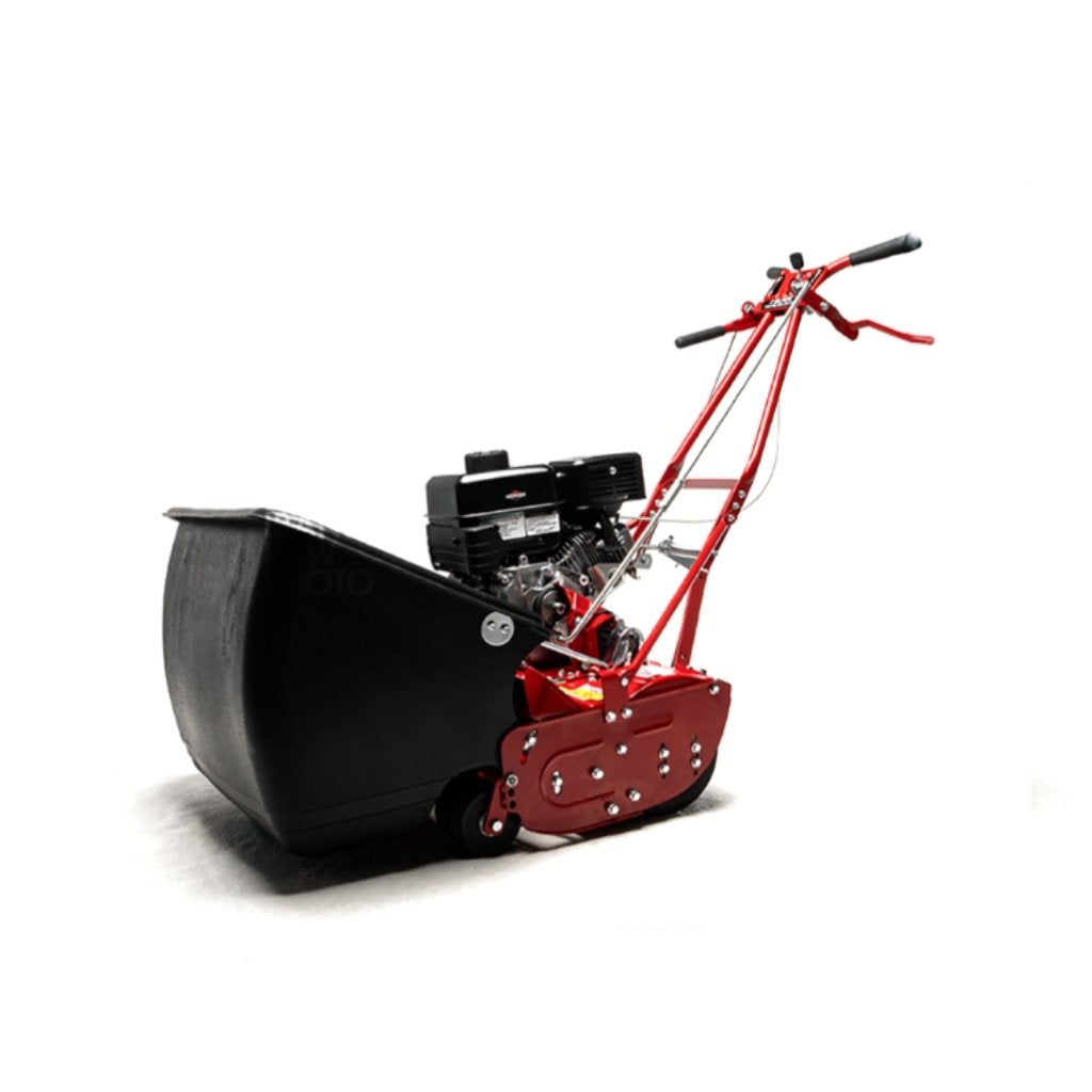 Red and black Mclane 25 reel mower on a white background