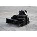 A heavy-duty black loflin fabrication brush cutter for mini excavator, photographed on a gray concrete surface.