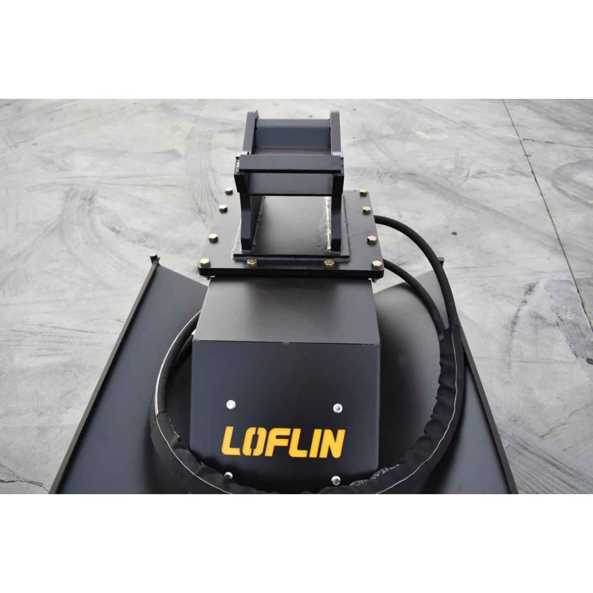 A black LOFLIN mini excavator brush cutter attachment with a yellow LOFLIN logo, photographed on a gray concrete floor.