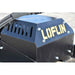 Close-up of a black metal LOFLIN mini skid steer brush cutter with yellow lettering and visible mounting screws.