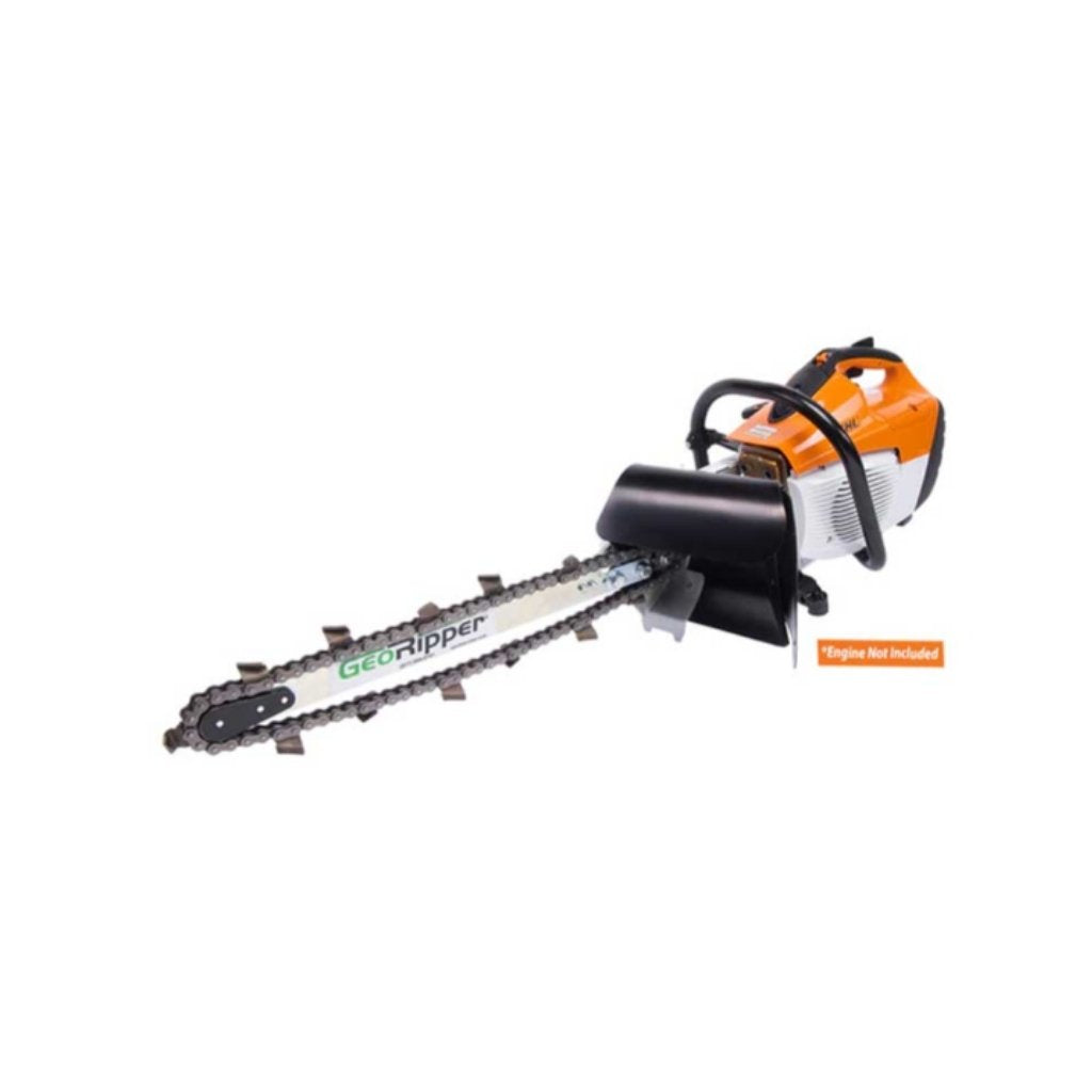 Mini Trencher chainsaw attachment with black and orange design on a white background