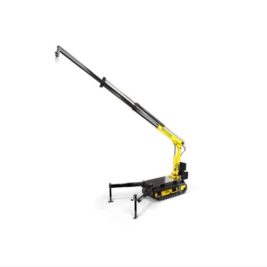 Yellow and black Movex Mini Crawler crane on a white background