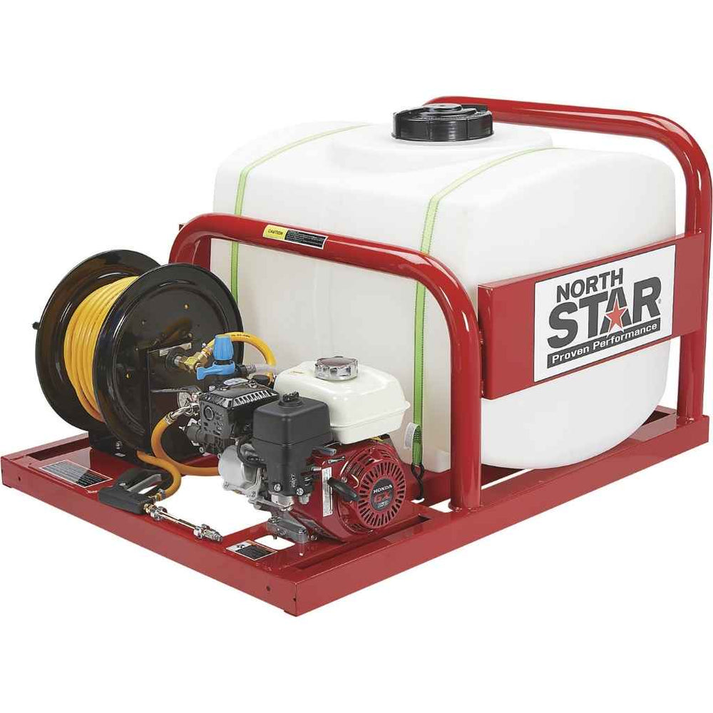 North Star 100 gallon skid sprayer with tank and hose on a white background