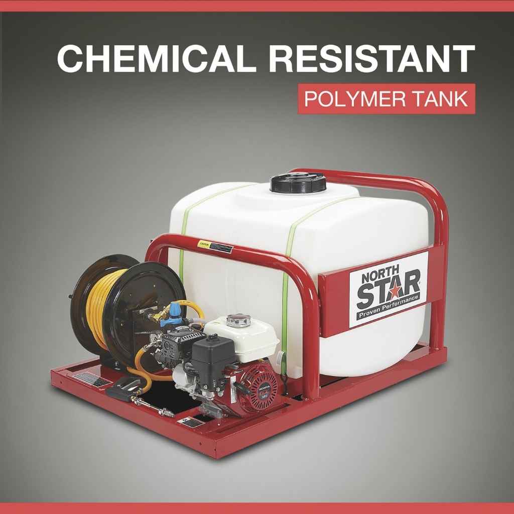 Chemical resistant polymer tank for a northstar 100 gallon capacity sprayer with 'North Star' branding on a gray background