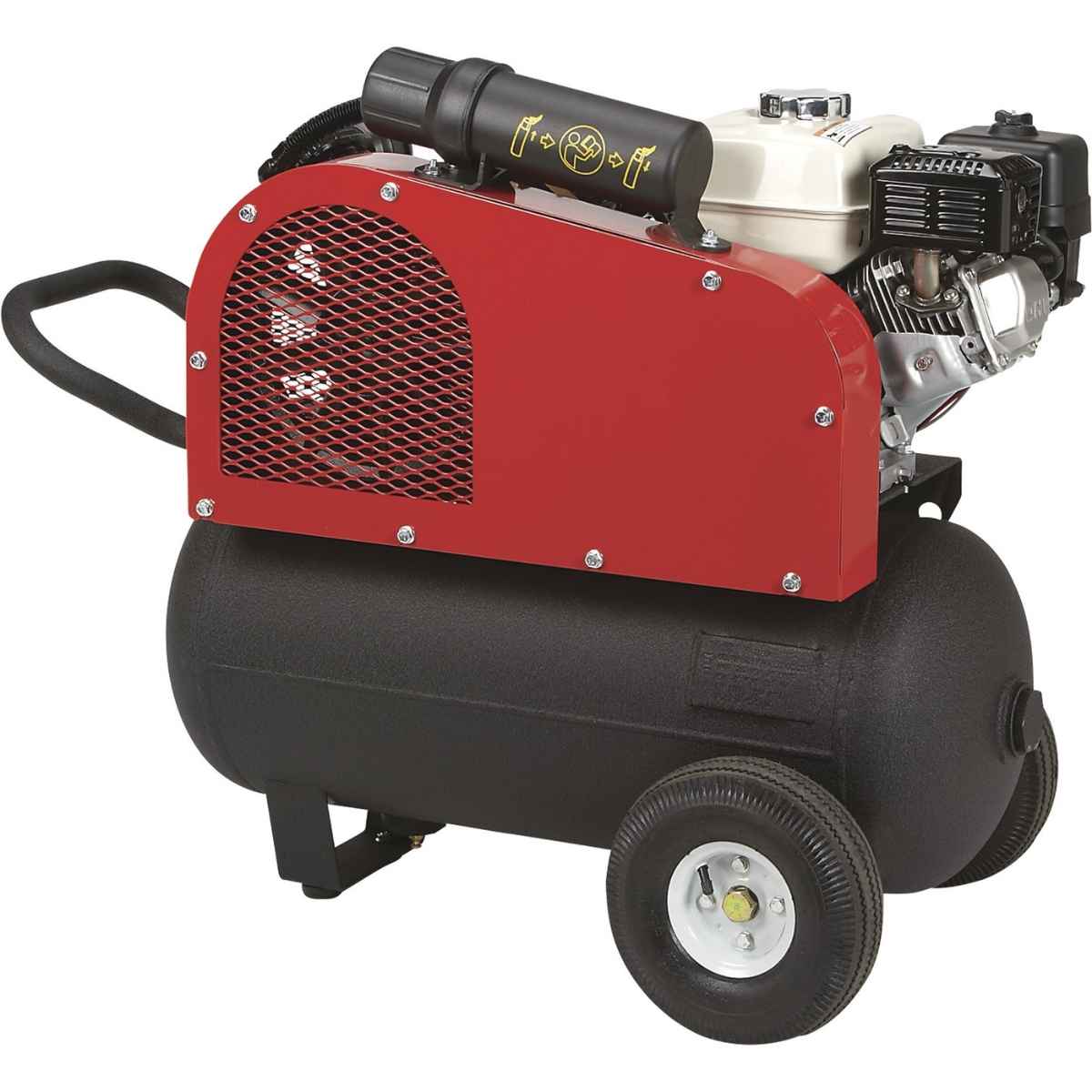 Red and black north star 20 gallon gas powered air compressor on a white background