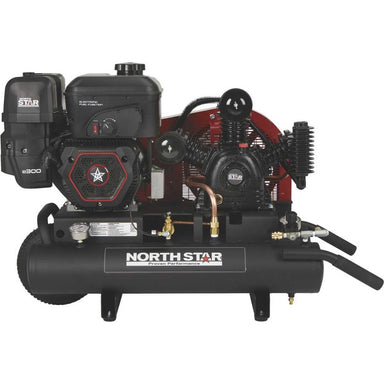 A Black Noth Star 8 gallon e300 air compressor on a white background with the NorthStar ogo showing on the side of the air compressor