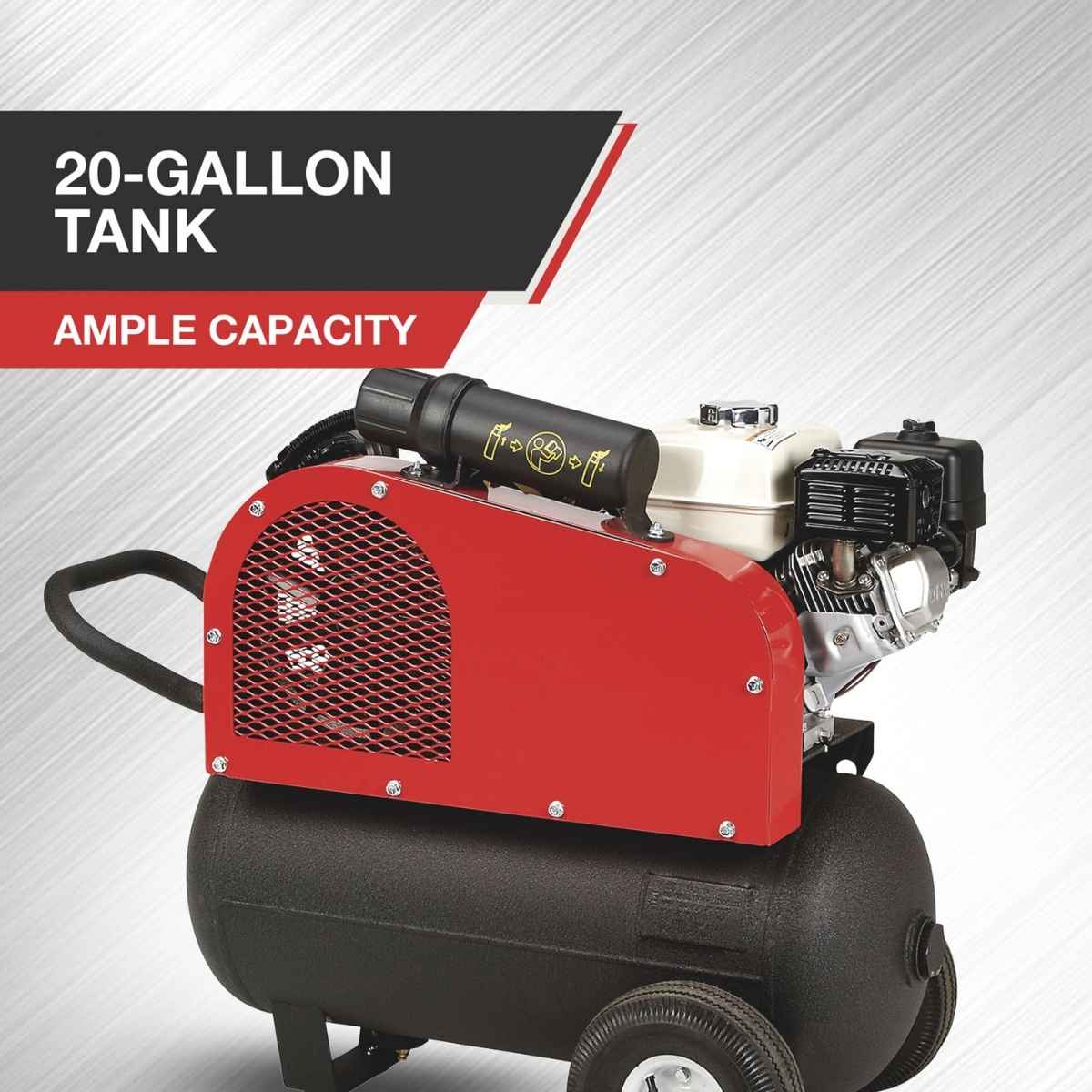 Red and black northstar 20 gallon gas powered air compressor with 20-gallon tank capacity on a gray background