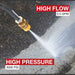 northstar gas powered 310 psi pressure washer spray nozzle spraying water on concrete with 'High Flow' and 'High Pressure' text.