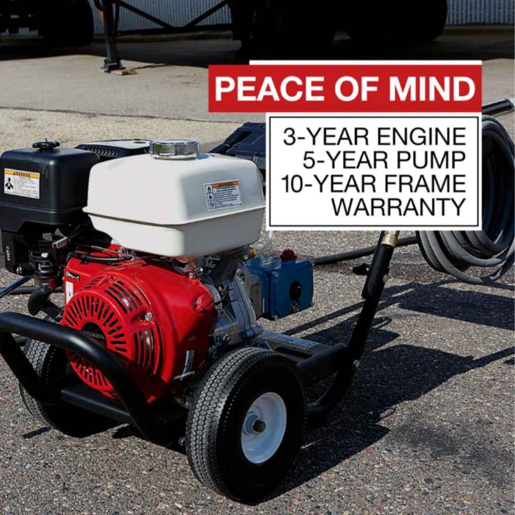 northstar 4200 psi Pressure washer with warranty information displayed on a red and white sign.
