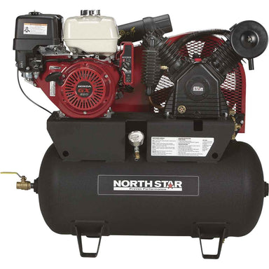 Front view of a black and red northstar 30 gallon gas air compressor on a white background, with northstar branding on the front on the air compressor.