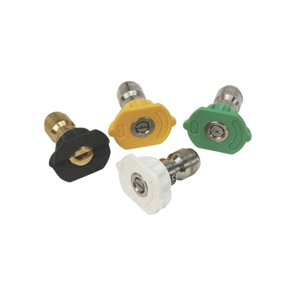Five northstar 3100 psi pressure washer spray nozzles in different colors on a white background