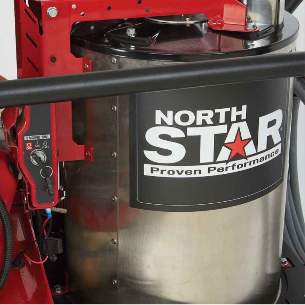Red and silver northstar 3500 psi hot water pressure washer with North Star logo on a white background