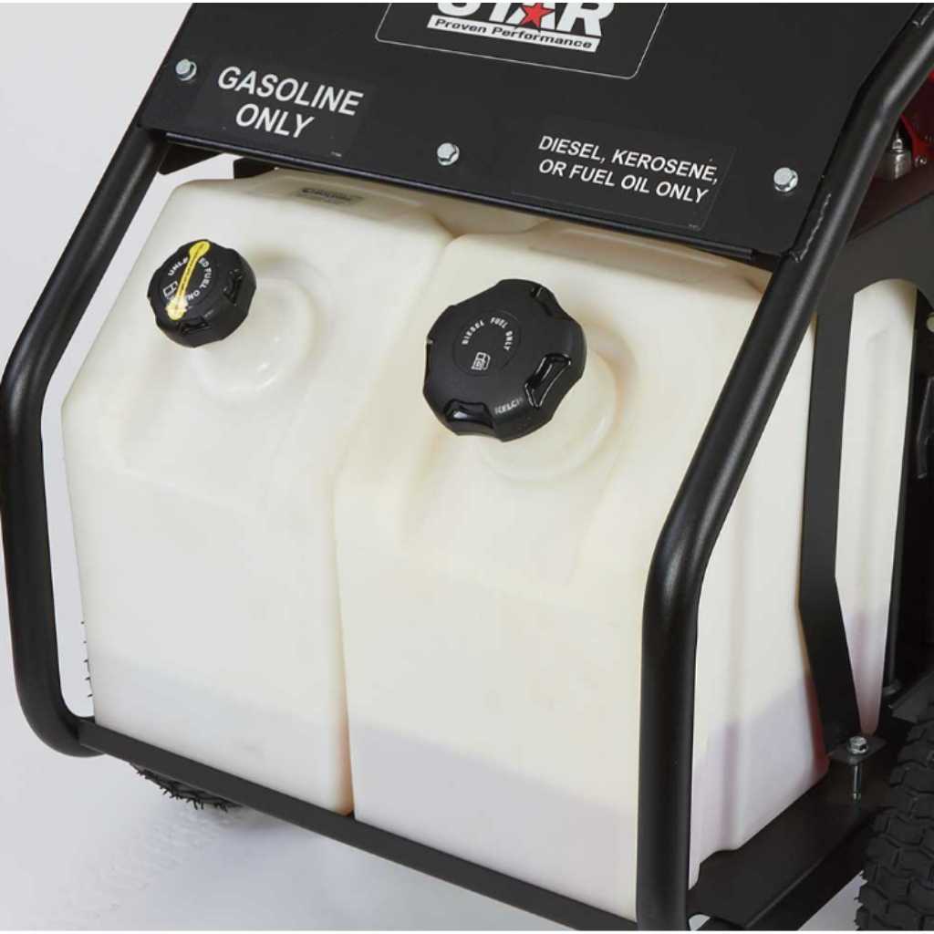 Fuel tank to a northstar 3500 psi hot water commercial pressure washer  with 'Star' branding on a white background
