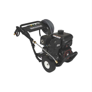 Black northstar 3600 psi pressure washer with hose on a white background