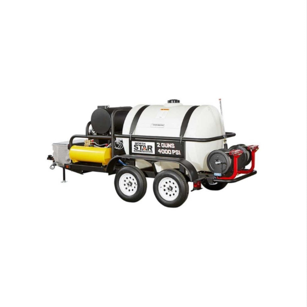 northstar hot water 4000 psi Pressure washer trailer with a white tank and black and red accents on a white background