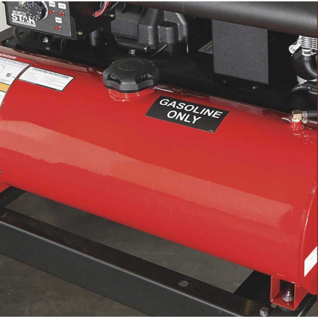 a northstar trailer mounted pressure washer 4000 psi with a Red gasoline engine with 'GASOLINE ONLY' label on a black background