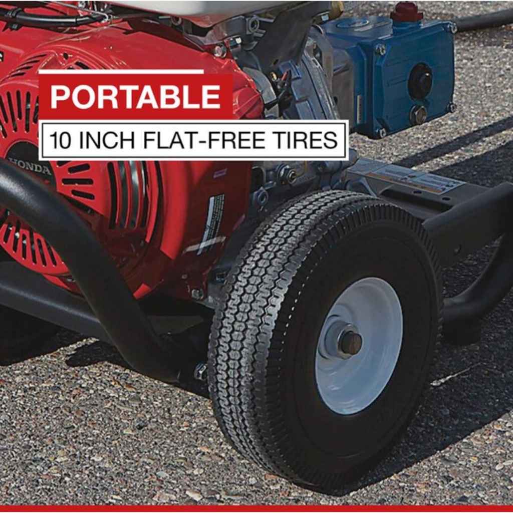 Close-up of a northstar pressure washer 4200 psi with a tire, emphasizing '10 Inch Flat-Free Tires'.