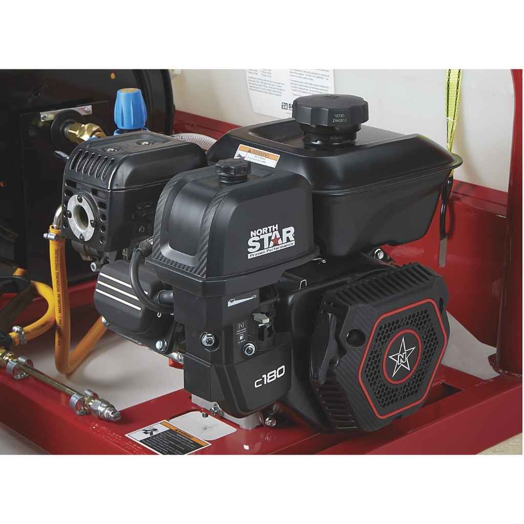 NorthStar sprayer 55 gallon capacity engine on a red platform with visible branding.
