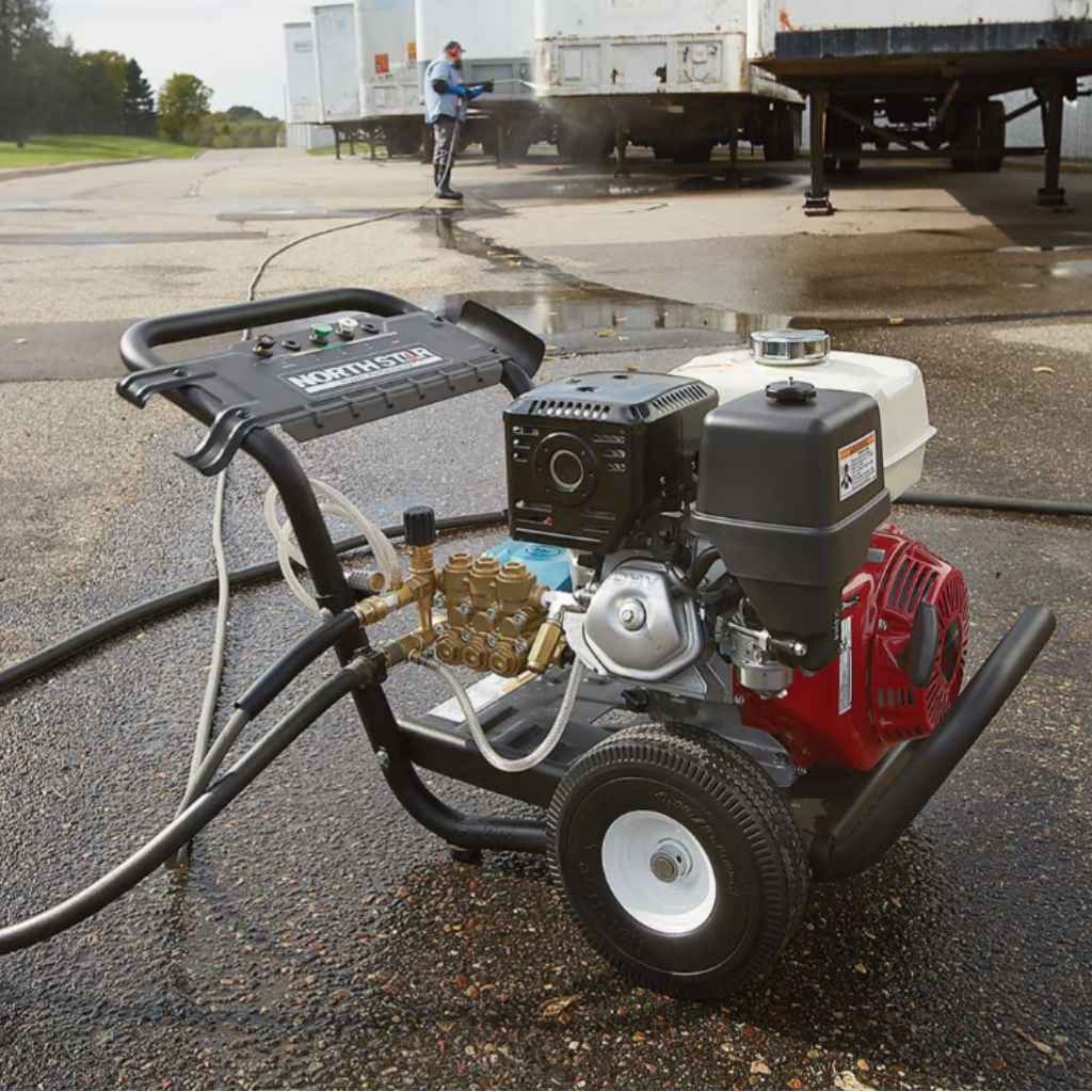 northstar Pressure washer 4200 psi  on a driveway with a person in the background.