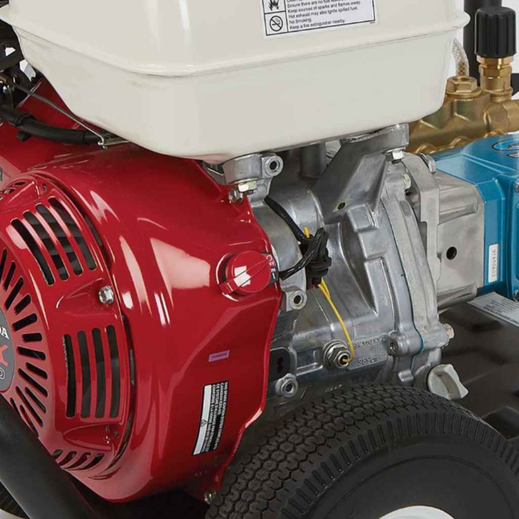 Close-up of a northstar pressure washer 4200 gx390 red and gray engine with visible branding