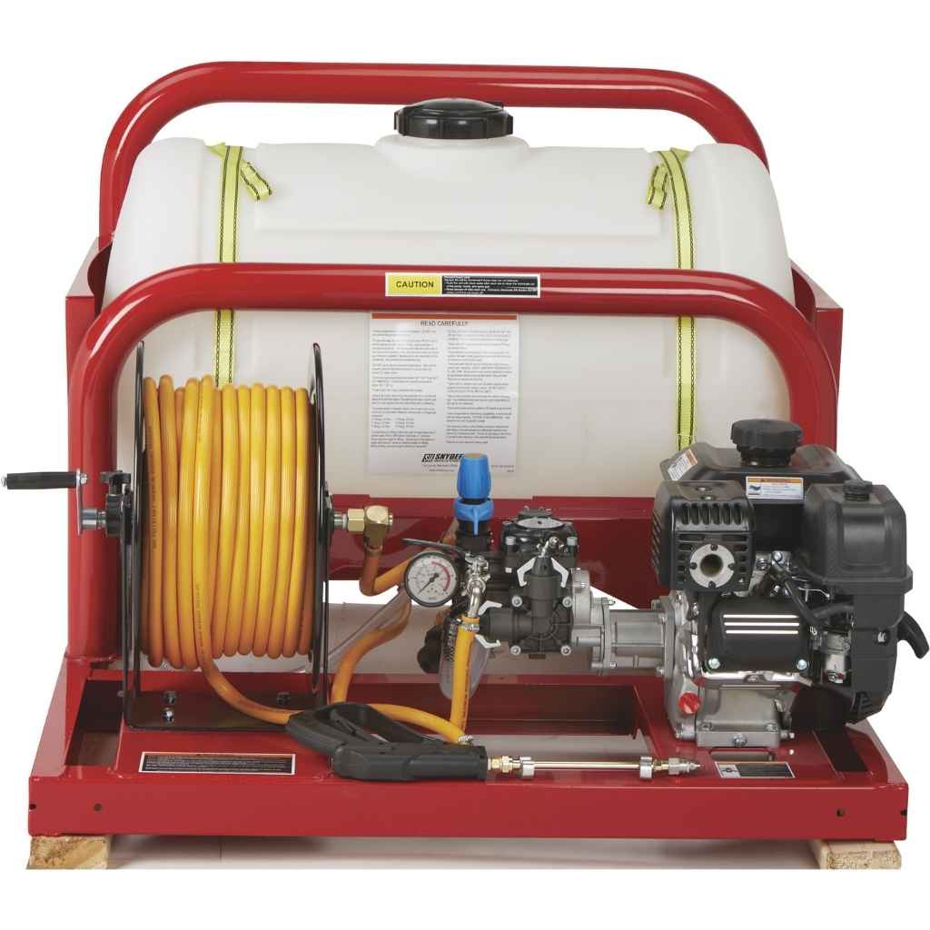 Northstar 55 gallon sprayer with red frame, white tank, and yellow hose on a white background