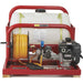Northstar 55 gallon sprayer with red frame, white tank, and yellow hose on a white background