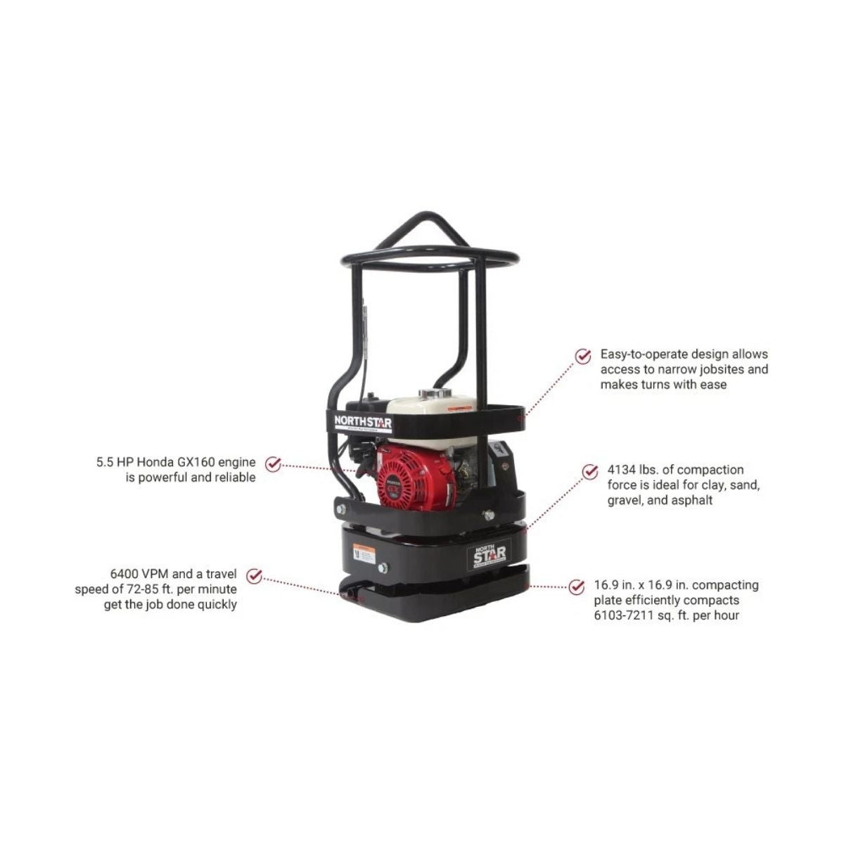 Northstar tamping rammer 47016 with features highlighted on a white background