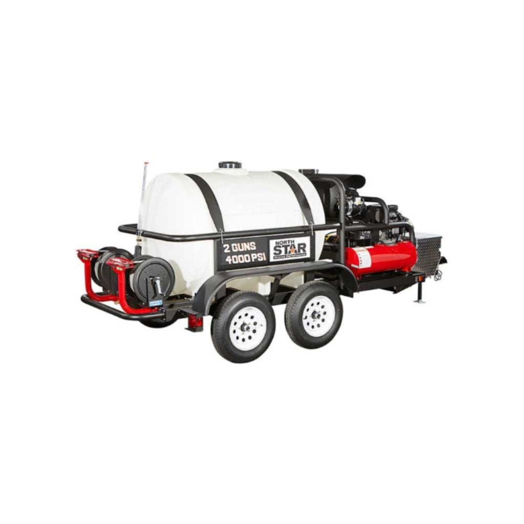 northstar 4000 psi hot water pressure washer with a white tank and red and black accents on a white background